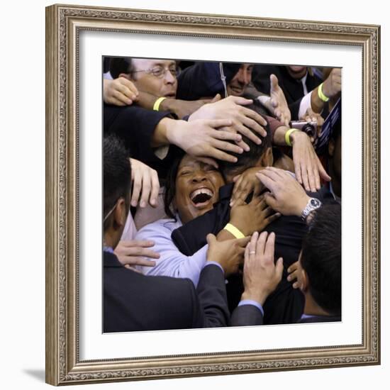 Barack Obama, Covered in Hands after His Primary Election Night Speech in St Paul, Minnesota-null-Framed Photographic Print