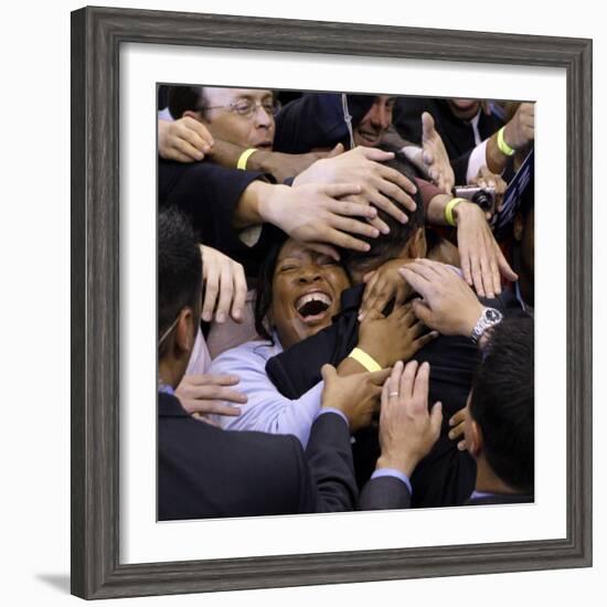 Barack Obama, Covered in Hands after His Primary Election Night Speech in St Paul, Minnesota-null-Framed Photographic Print