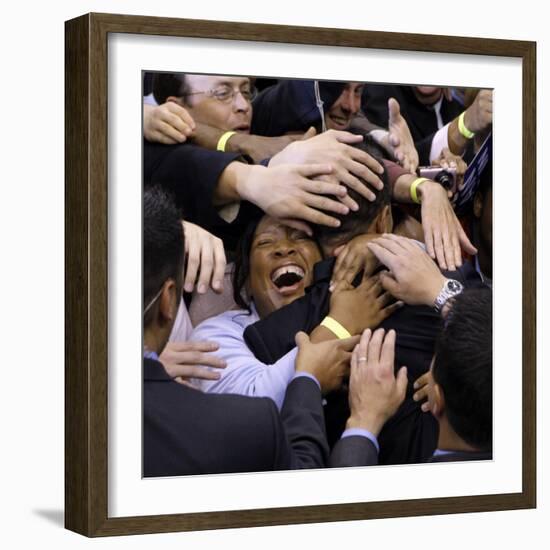 Barack Obama, Covered in Hands after His Primary Election Night Speech in St Paul, Minnesota-null-Framed Photographic Print