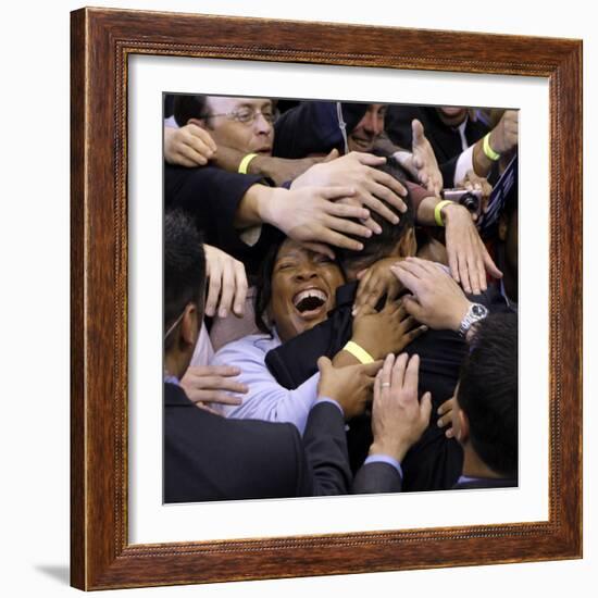 Barack Obama, Covered in Hands after His Primary Election Night Speech in St Paul, Minnesota-null-Framed Photographic Print