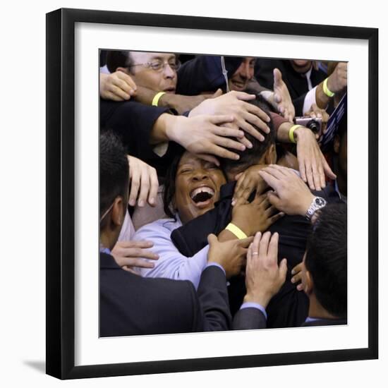 Barack Obama, Covered in Hands after His Primary Election Night Speech in St Paul, Minnesota-null-Framed Photographic Print