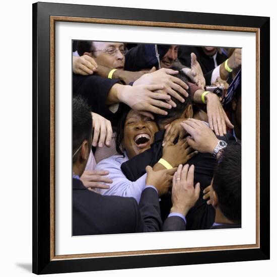 Barack Obama, Covered in Hands after His Primary Election Night Speech in St Paul, Minnesota-null-Framed Photographic Print