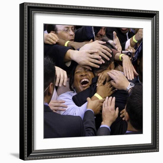 Barack Obama, Covered in Hands after His Primary Election Night Speech in St Paul, Minnesota-null-Framed Photographic Print