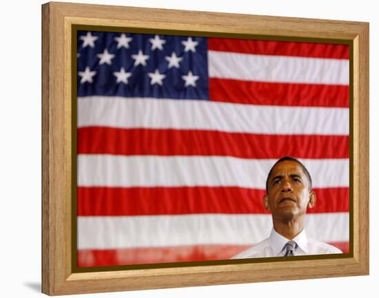 Barack Obama in front of US Flag, Flint, MI-null-Framed Premier Image Canvas