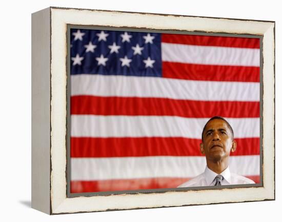 Barack Obama in front of US Flag, Flint, MI-null-Framed Premier Image Canvas