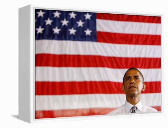 Barack Obama in front of US Flag, Flint, MI-null-Framed Premier Image Canvas