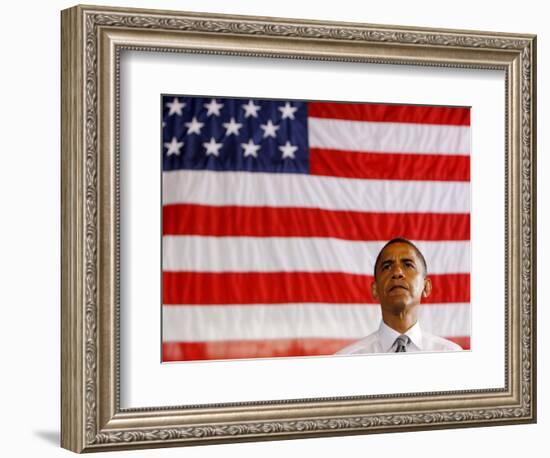 Barack Obama in front of US Flag, Flint, MI-null-Framed Photographic Print