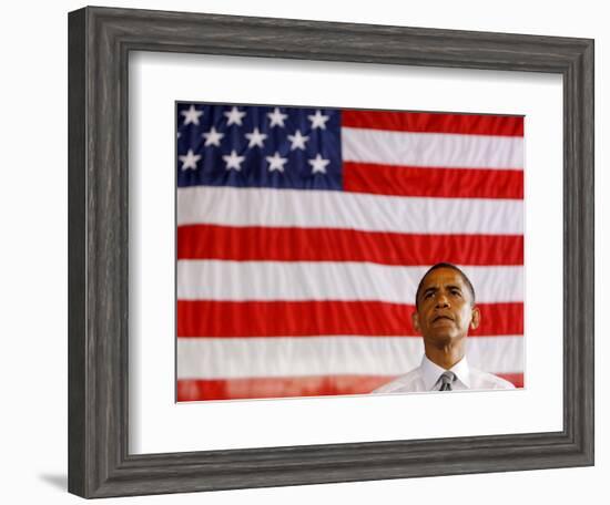 Barack Obama in front of US Flag, Flint, MI-null-Framed Photographic Print