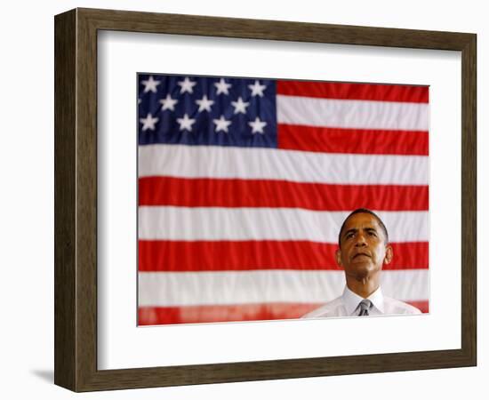 Barack Obama in front of US Flag, Flint, MI-null-Framed Photographic Print