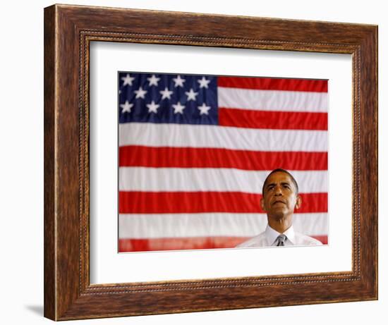 Barack Obama in front of US Flag, Flint, MI-null-Framed Photographic Print