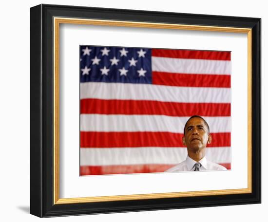 Barack Obama in front of US Flag, Flint, MI-null-Framed Photographic Print