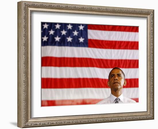 Barack Obama in front of US Flag, Flint, MI-null-Framed Photographic Print