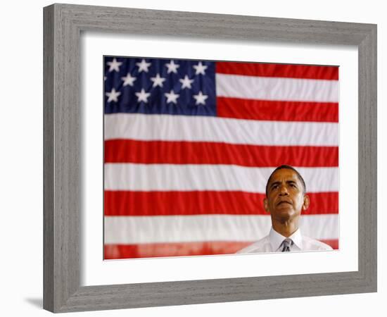 Barack Obama in front of US Flag, Flint, MI-null-Framed Photographic Print