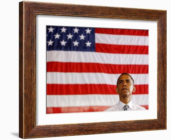 Barack Obama in front of US Flag, Flint, MI-null-Framed Photographic Print