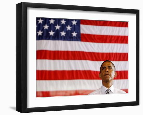 Barack Obama in front of US Flag, Flint, MI-null-Framed Photographic Print