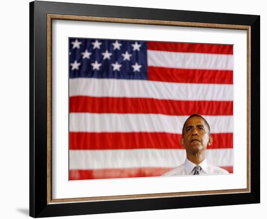 Barack Obama in front of US Flag, Flint, MI-null-Framed Photographic Print