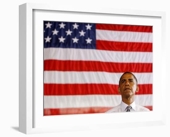 Barack Obama in front of US Flag, Flint, MI-null-Framed Photographic Print