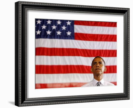 Barack Obama in front of US Flag, Flint, MI-null-Framed Photographic Print