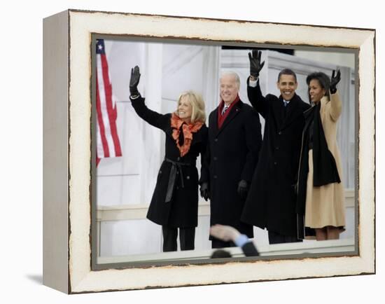 Barack Obama, Joe Biden and Their Wives Wave During the Inaugural Celebration at Lincoln Memorial-null-Framed Premier Image Canvas