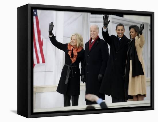 Barack Obama, Joe Biden and Their Wives Wave During the Inaugural Celebration at Lincoln Memorial-null-Framed Premier Image Canvas