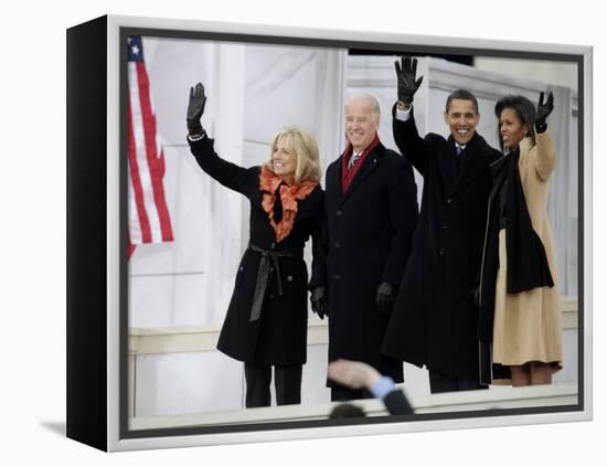 Barack Obama, Joe Biden and Their Wives Wave During the Inaugural Celebration at Lincoln Memorial-null-Framed Premier Image Canvas