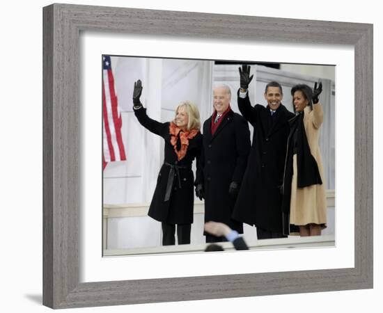 Barack Obama, Joe Biden and Their Wives Wave During the Inaugural Celebration at Lincoln Memorial-null-Framed Photographic Print