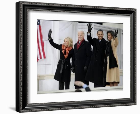 Barack Obama, Joe Biden and Their Wives Wave During the Inaugural Celebration at Lincoln Memorial-null-Framed Photographic Print