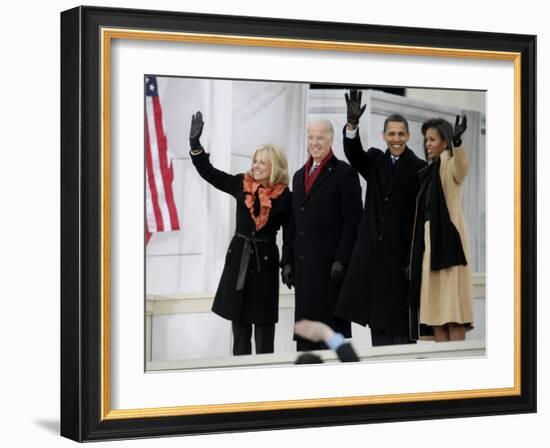 Barack Obama, Joe Biden and Their Wives Wave During the Inaugural Celebration at Lincoln Memorial-null-Framed Photographic Print