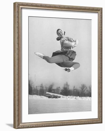 Barbara Ann Scott Smiling as She Leaps in Air on Skates at World Figure Skating Championship-Tony Linck-Framed Premium Photographic Print