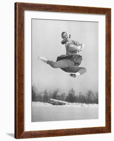 Barbara Ann Scott Smiling as She Leaps in Air on Skates at World Figure Skating Championship-Tony Linck-Framed Premium Photographic Print