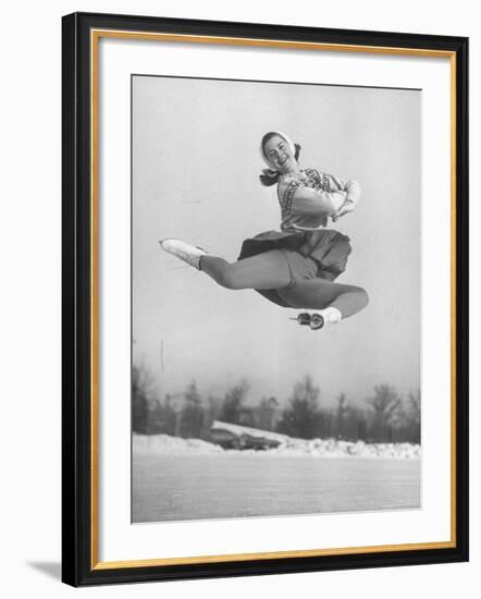 Barbara Ann Scott Smiling as She Leaps in Air on Skates at World Figure Skating Championship-Tony Linck-Framed Premium Photographic Print