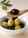 Green and Black Olives in Small Dish and on Wooden Spoon-Barbara Kraske-Photographic Print