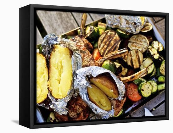 Barbecued Vegetables, Baked Potatoes, Lamb Chops on Barbecue Tray-Herbert Lehmann-Framed Premier Image Canvas