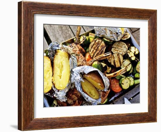 Barbecued Vegetables, Baked Potatoes, Lamb Chops on Barbecue Tray-Herbert Lehmann-Framed Photographic Print