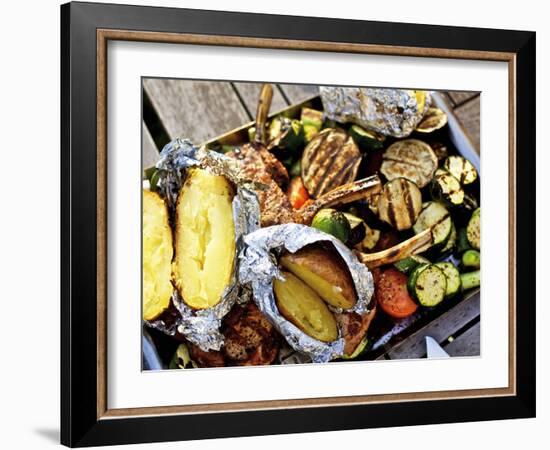 Barbecued Vegetables, Baked Potatoes, Lamb Chops on Barbecue Tray-Herbert Lehmann-Framed Photographic Print