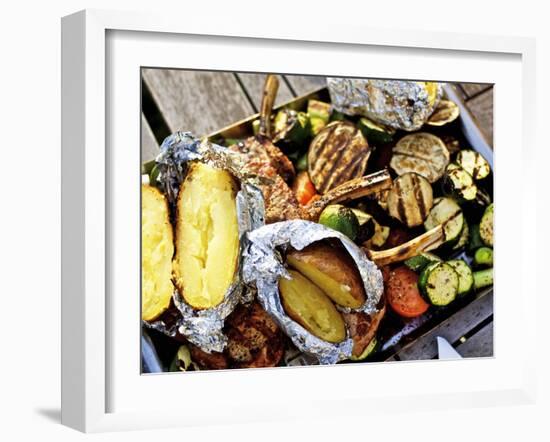 Barbecued Vegetables, Baked Potatoes, Lamb Chops on Barbecue Tray-Herbert Lehmann-Framed Photographic Print