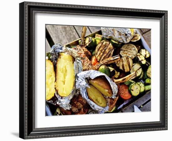 Barbecued Vegetables, Baked Potatoes, Lamb Chops on Barbecue Tray-Herbert Lehmann-Framed Photographic Print