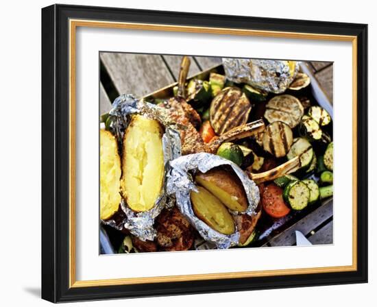 Barbecued Vegetables, Baked Potatoes, Lamb Chops on Barbecue Tray-Herbert Lehmann-Framed Photographic Print