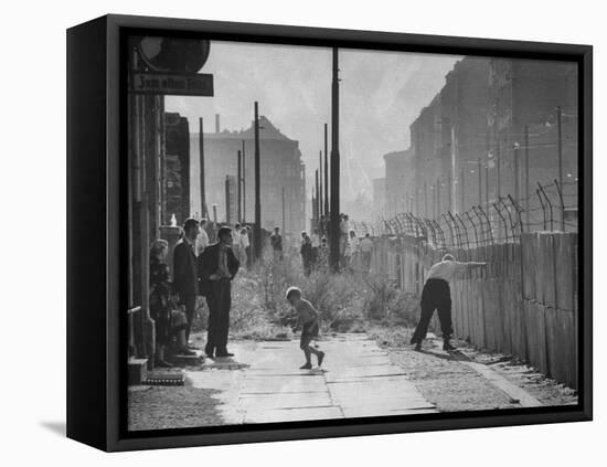 Barbed-Wire Tops Berlin Wall; West Berliners Gather Nearby-null-Framed Premier Image Canvas