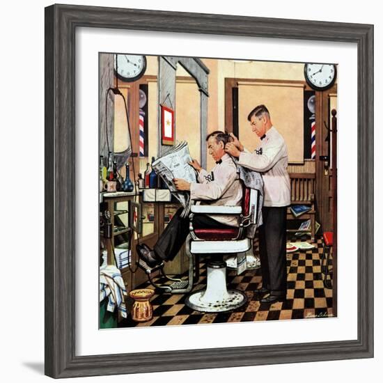 "Barber Getting Haircut," January 26, 1946-Stevan Dohanos-Framed Giclee Print