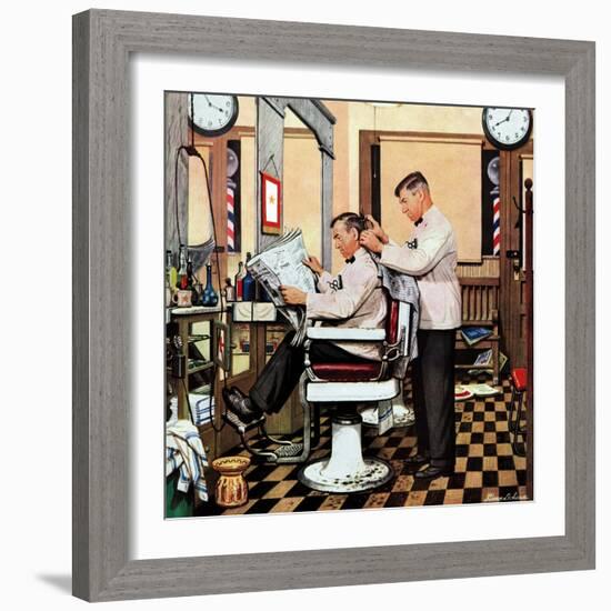 "Barber Getting Haircut," January 26, 1946-Stevan Dohanos-Framed Giclee Print