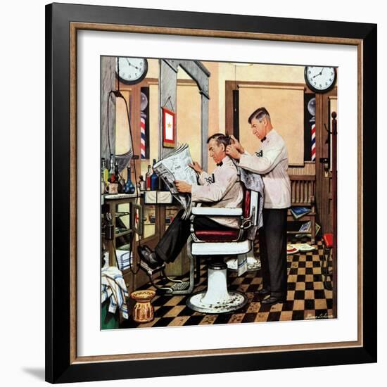 "Barber Getting Haircut," January 26, 1946-Stevan Dohanos-Framed Giclee Print