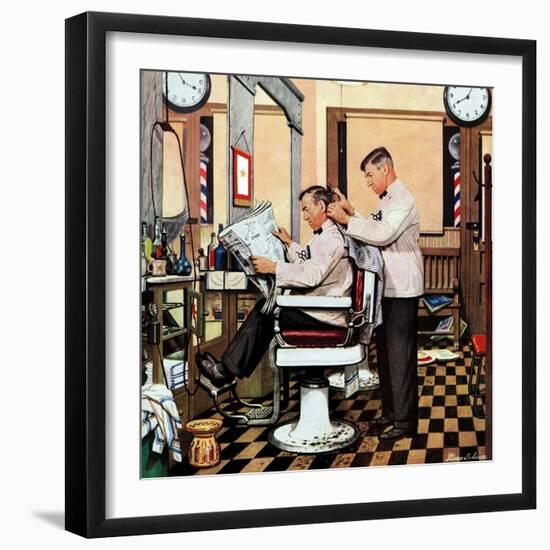 "Barber Getting Haircut," January 26, 1946-Stevan Dohanos-Framed Giclee Print