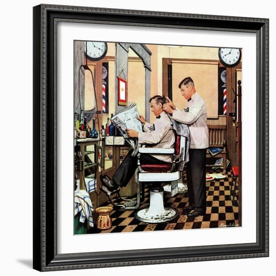 "Barber Getting Haircut," January 26, 1946-Stevan Dohanos-Framed Giclee Print