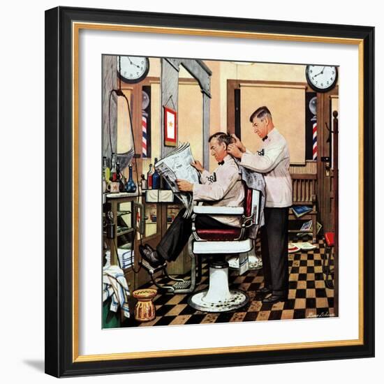 "Barber Getting Haircut," January 26, 1946-Stevan Dohanos-Framed Giclee Print