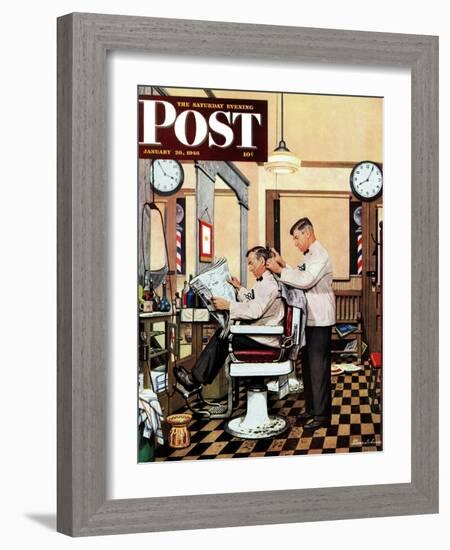 "Barber Getting Haircut," Saturday Evening Post Cover, January 26, 1946-Stevan Dohanos-Framed Giclee Print