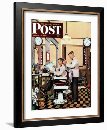 "Barber Getting Haircut," Saturday Evening Post Cover, January 26, 1946-Stevan Dohanos-Framed Giclee Print