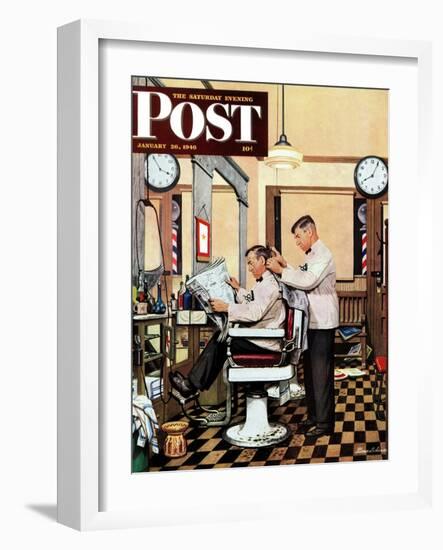 "Barber Getting Haircut," Saturday Evening Post Cover, January 26, 1946-Stevan Dohanos-Framed Giclee Print