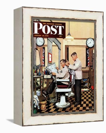 "Barber Getting Haircut," Saturday Evening Post Cover, January 26, 1946-Stevan Dohanos-Framed Premier Image Canvas