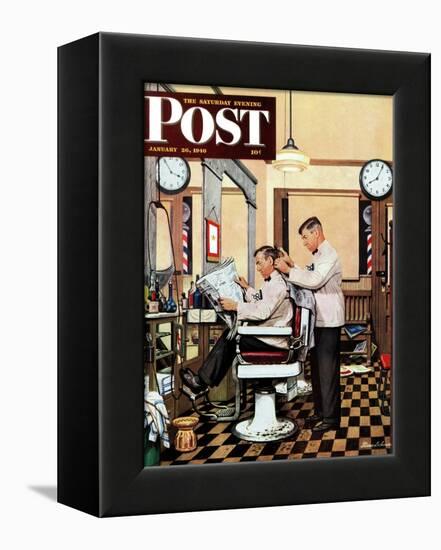 "Barber Getting Haircut," Saturday Evening Post Cover, January 26, 1946-Stevan Dohanos-Framed Premier Image Canvas